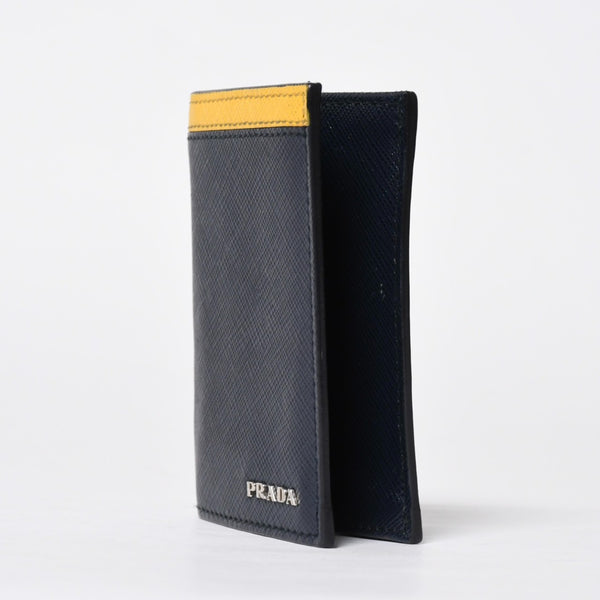極美品 PRADA プラダ バイカラー カードケース ロゴ 2MC223 レザー ネイビー イエロー シルバー金具 中古 4a009212