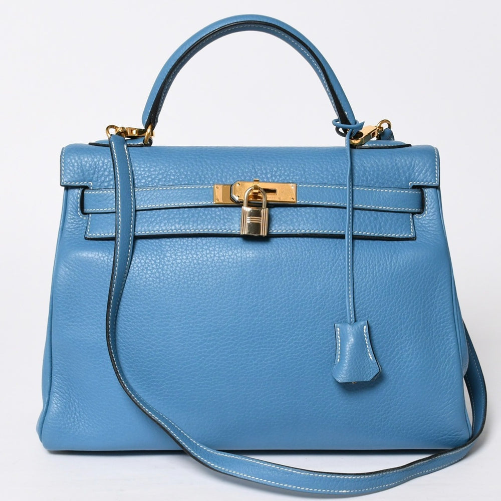 Very good condition HERMES Kelly 32 Inner stitching Blue Jean □B stamp Gold hardware Taurillon Clemence Handbag 2WAY Used 4a009172