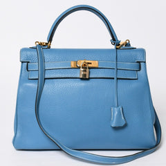 Very good condition HERMES Kelly 32 Inner stitching Blue Jean □B stamp Gold hardware Taurillon Clemence Handbag 2WAY Used 4a009172