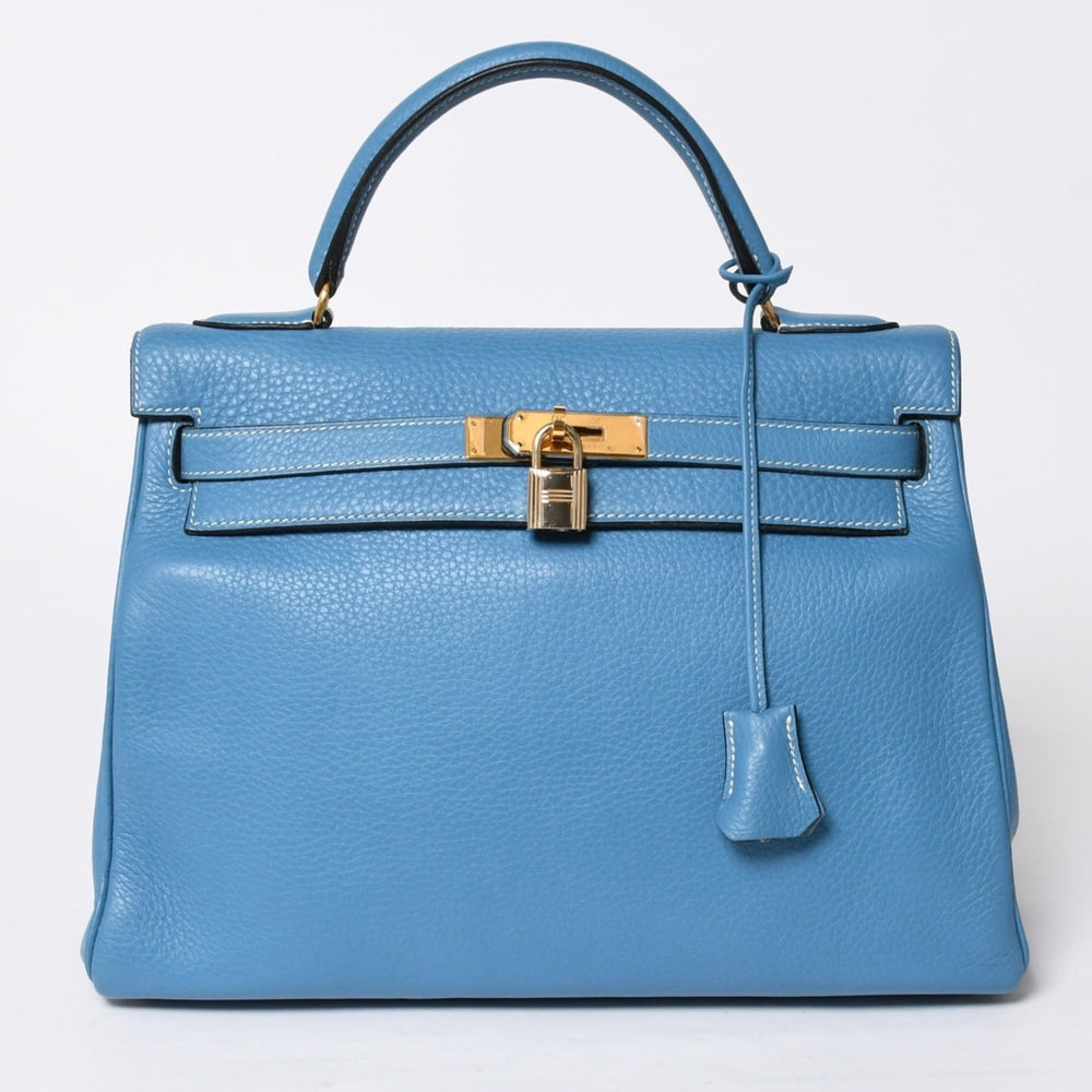 Very good condition HERMES Kelly 32 Inner stitching Blue Jean □B stamp Gold hardware Taurillon Clemence Handbag 2WAY Used 4a009172