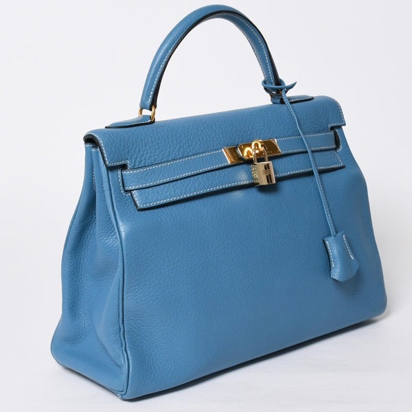 Very good condition HERMES Kelly 32 Inner stitching Blue Jean □B stamp Gold hardware Taurillon Clemence Handbag 2WAY Used 4a009172