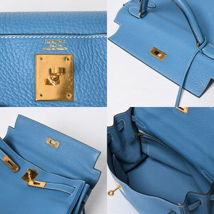Very good condition HERMES Kelly 32 Inner stitching Blue Jean □B stamp Gold hardware Taurillon Clemence Handbag 2WAY Used 4a009172