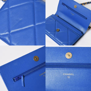 極美品 CHANEL シャネル 19 チェーンウォレット ショルダーバッグ ブルー ゴールド金具 ランダム番台 ラムスキン 中古 4a009244