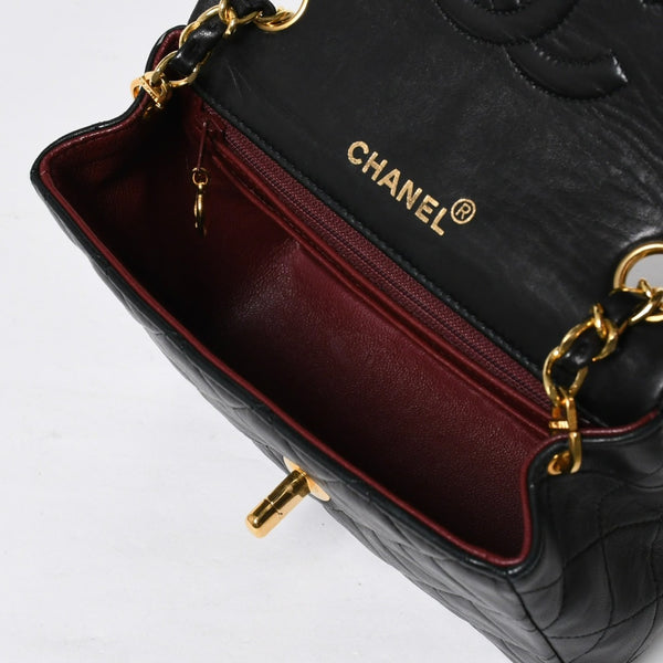 極美品 CHANEL シャネル ショルダーバッグ MINI SQUARE 17 ミニスクエア 17 チェーンショルダーバッグ ブラック ラムスキン ゴールド金具 1番台 中古 4a009157