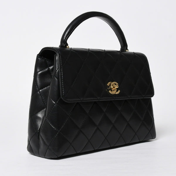 極美品 CHANEL シャネル ケリー型 ハンドバッグ トップハンドル 5番台 ラムスキン ブラック ゴールド金具 中古 4a009170