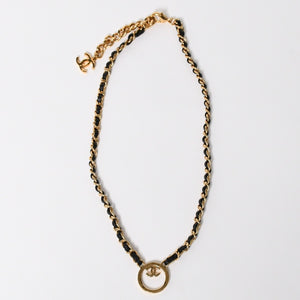 極美品 CHANEL シャネル チェーンネックレス 重量約43.85g B24C刻印 ココマーク レザー メタル ゴールド ブラック 中古 4a009168