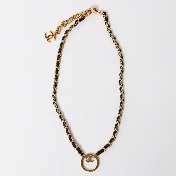 極美品 CHANEL シャネル チェーンネックレス 重量約43.85g B24C刻印 ココマーク レザー メタル ゴールド ブラック 中古 4a009168