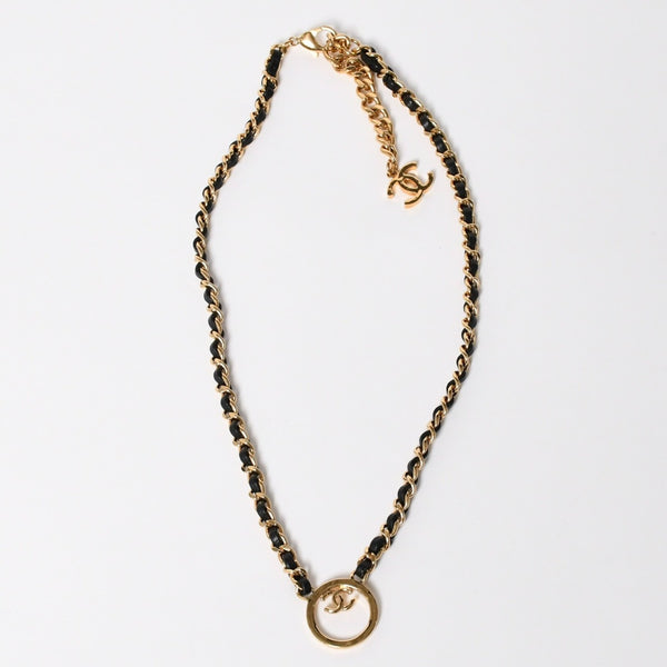 極美品 CHANEL シャネル チェーンネックレス 重量約43.85g B24C刻印 ココマーク レザー メタル ゴールド ブラック 中古 4a009168
