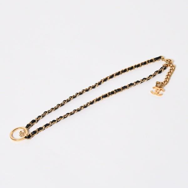 極美品 CHANEL シャネル チェーンネックレス 重量約43.85g B24C刻印 ココマーク レザー メタル ゴールド ブラック 中古 4a009168