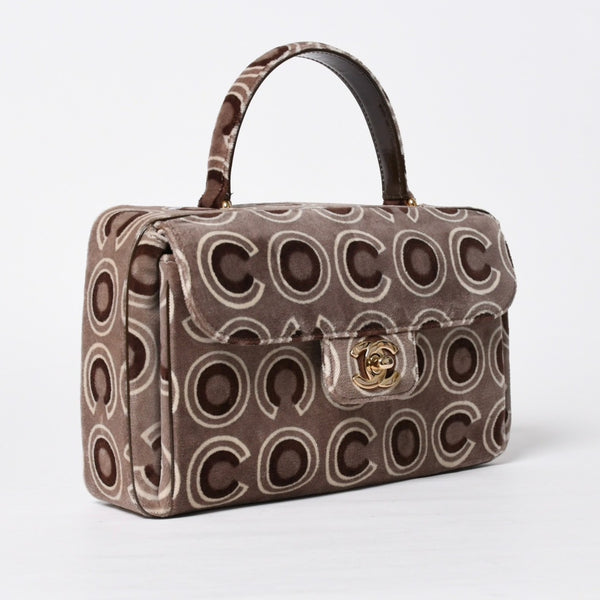 極美品 CHANEL シャネル トップハンドル ハンドバッグ 7番台 ココマーク ココプリント ベルベット ブラウン ゴールド金具 総柄 中古 4a009153
