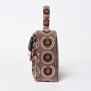 極美品 CHANEL シャネル トップハンドル ハンドバッグ 7番台 ココマーク ココプリント ベルベット ブラウン ゴールド金具 総柄 中古 4a009153
