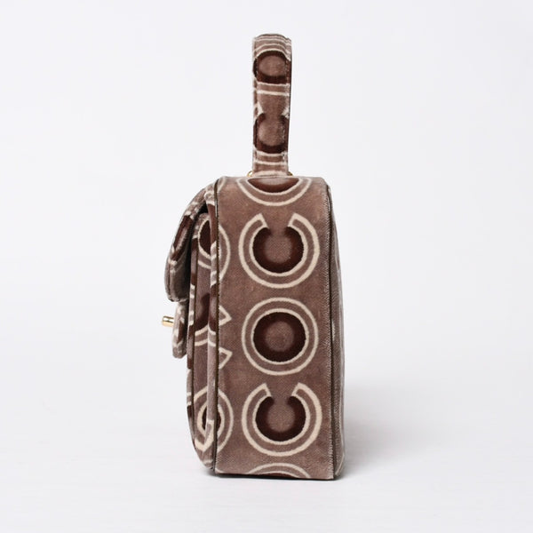 極美品 CHANEL シャネル トップハンドル ハンドバッグ 7番台 ココマーク ココプリント ベルベット ブラウン ゴールド金具 総柄 中古 4a009153