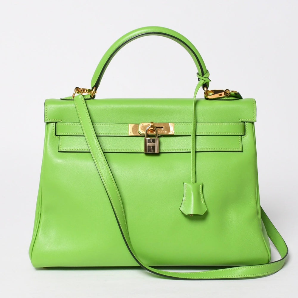 Mint condition HERMES Kelly 28, inner stitching, apple green. ◻B stamp, Veau Gulliver, gold hardware, handbag, pre-owned, 4a009166