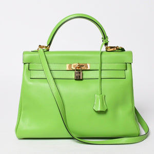 Mint condition HERMES Kelly 28, inner stitching, apple green. ◻B stamp, Veau Gulliver, gold hardware, handbag, pre-owned, 4a009166