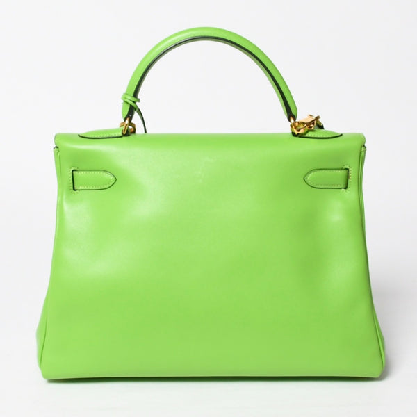 Mint condition HERMES Kelly 28, inner stitching, apple green. ◻B stamp, Veau Gulliver, gold hardware, handbag, pre-owned, 4a009166