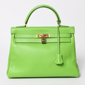 Mint condition HERMES Kelly 28, inner stitching, apple green. ◻B stamp, Veau Gulliver, gold hardware, handbag, pre-owned, 4a009166