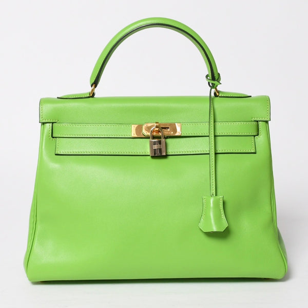 Mint condition HERMES Kelly 28, inner stitching, apple green. ◻B stamp, Veau Gulliver, gold hardware, handbag, pre-owned, 4a009166