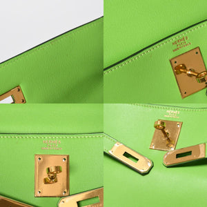 Mint condition HERMES Kelly 28, inner stitching, apple green. ◻B stamp, Veau Gulliver, gold hardware, handbag, pre-owned, 4a009166