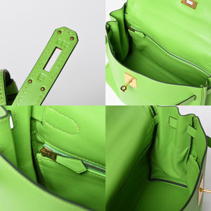 Mint condition HERMES Kelly 28, inner stitching, apple green. ◻B stamp, Veau Gulliver, gold hardware, handbag, pre-owned, 4a009166