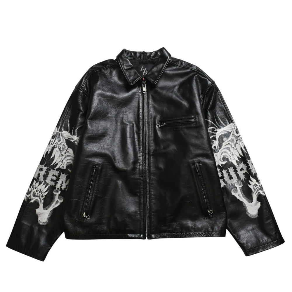 新品同様 SUPREME シュプリーム ワイズ バイ ヨウジヤマモト 25AW レザージャケット カウハイドレザー ブラック ホワイト シルバー金具 サイズL 中古 4a009229