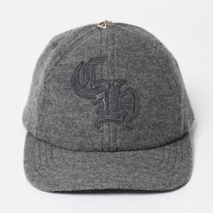 極美品 CHROME HEARTS クロムハーツ CH レザーパッチ ベースボールキャップ クロスボール ウール シルバー金具 グレー 中古 4a009023