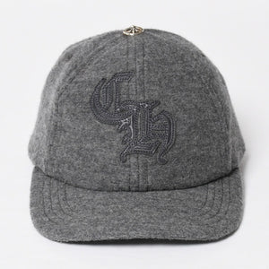極美品 CHROME HEARTS クロムハーツ CH レザーパッチ ベースボールキャップ クロスボール ウール シルバー金具 グレー 中古 4a009023