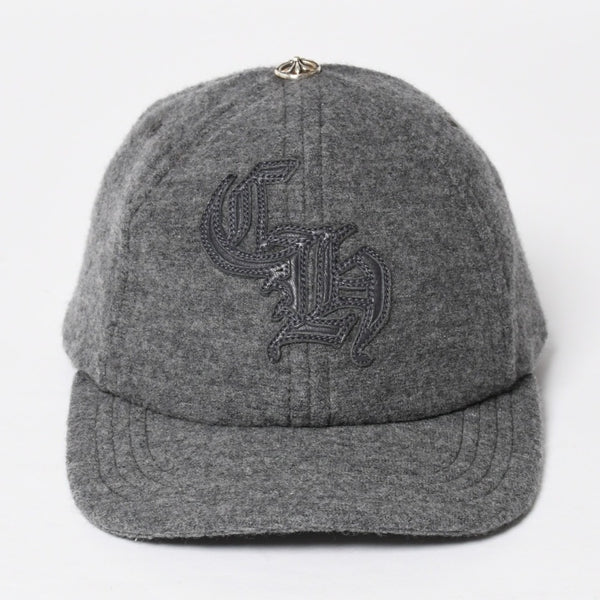 極美品 CHROME HEARTS クロムハーツ CH レザーパッチ ベースボールキャップ クロスボール ウール シルバー金具 グレー 中古 4a009023
