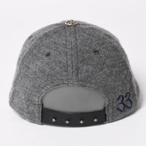 極美品 CHROME HEARTS クロムハーツ CH レザーパッチ ベースボールキャップ クロスボール ウール シルバー金具 グレー 中古 4a009023
