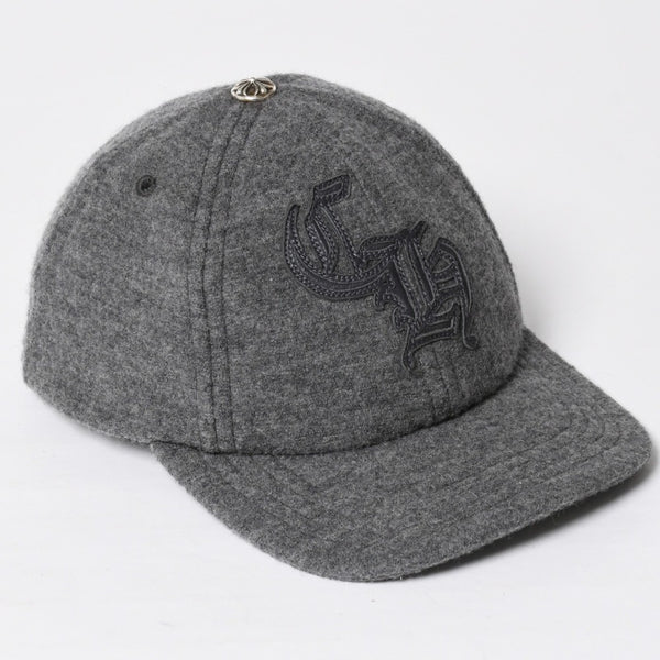 極美品 CHROME HEARTS クロムハーツ CH レザーパッチ ベースボールキャップ クロスボール ウール シルバー金具 グレー 中古 4a009023