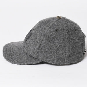 極美品 CHROME HEARTS クロムハーツ CH レザーパッチ ベースボールキャップ クロスボール ウール シルバー金具 グレー 中古 4a009023