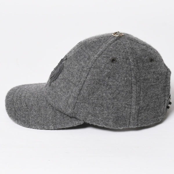 極美品 CHROME HEARTS クロムハーツ CH レザーパッチ ベースボールキャップ クロスボール ウール シルバー金具 グレー 中古 4a009023