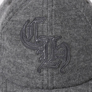 極美品 CHROME HEARTS クロムハーツ CH レザーパッチ ベースボールキャップ クロスボール ウール シルバー金具 グレー 中古 4a009023