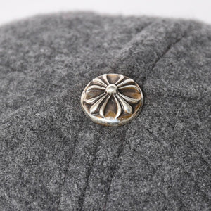 極美品 CHROME HEARTS クロムハーツ CH レザーパッチ ベースボールキャップ クロスボール ウール シルバー金具 グレー 中古 4a009023