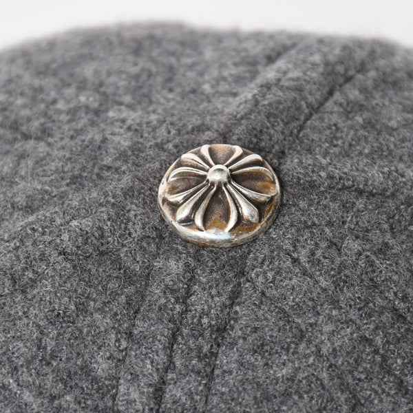 極美品 CHROME HEARTS クロムハーツ CH レザーパッチ ベースボールキャップ クロスボール ウール シルバー金具 グレー 中古 4a009023