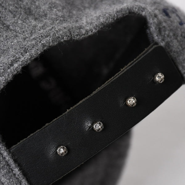 極美品 CHROME HEARTS クロムハーツ CH レザーパッチ ベースボールキャップ クロスボール ウール シルバー金具 グレー 中古 4a009023