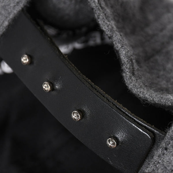 極美品 CHROME HEARTS クロムハーツ CH レザーパッチ ベースボールキャップ クロスボール ウール シルバー金具 グレー 中古 4a009023