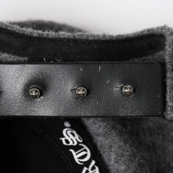 極美品 CHROME HEARTS クロムハーツ CH レザーパッチ ベースボールキャップ クロスボール ウール シルバー金具 グレー 中古 4a009023