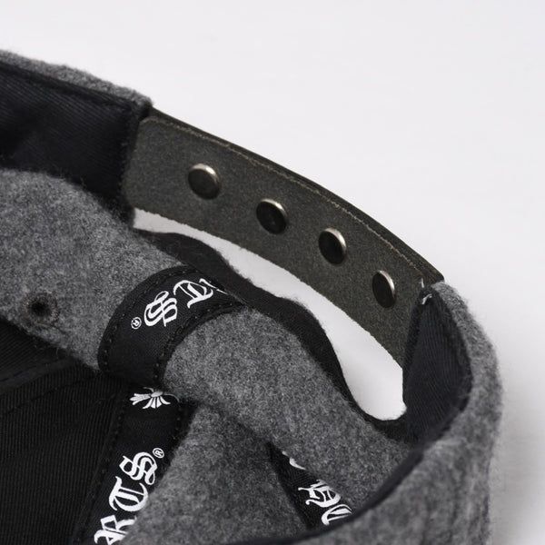 極美品 CHROME HEARTS クロムハーツ CH レザーパッチ ベースボールキャップ クロスボール ウール シルバー金具 グレー 中古 4a009023