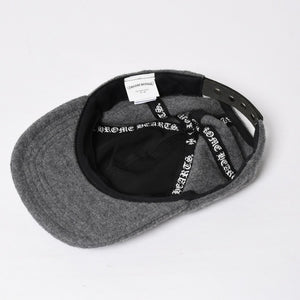 極美品 CHROME HEARTS クロムハーツ CH レザーパッチ ベースボールキャップ クロスボール ウール シルバー金具 グレー 中古 4a009023