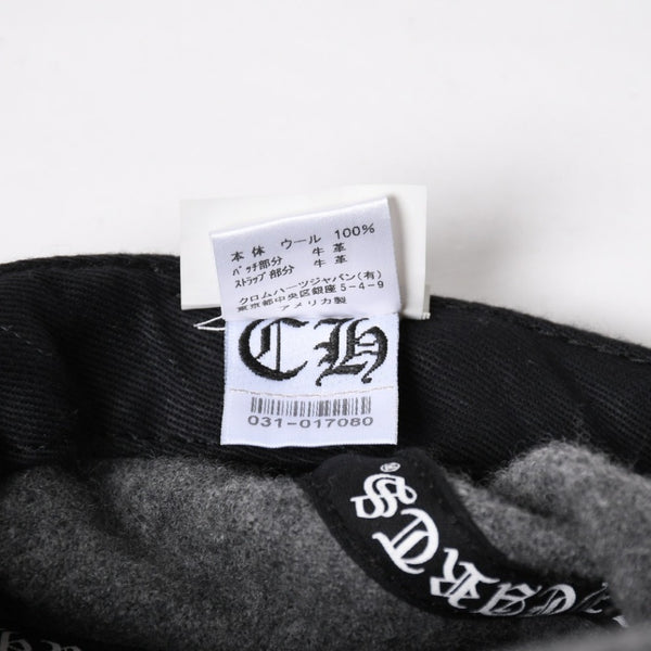 極美品 CHROME HEARTS クロムハーツ CH レザーパッチ ベースボールキャップ クロスボール ウール シルバー金具 グレー 中古 4a009023