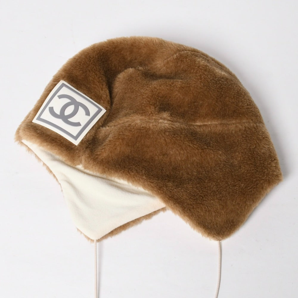 Very Good Condition CHANEL CHANEL Sports Line Eco Fur Trapper Hat Knit Cap Coco Mark 2001 M Size Brown Used 4a008982
