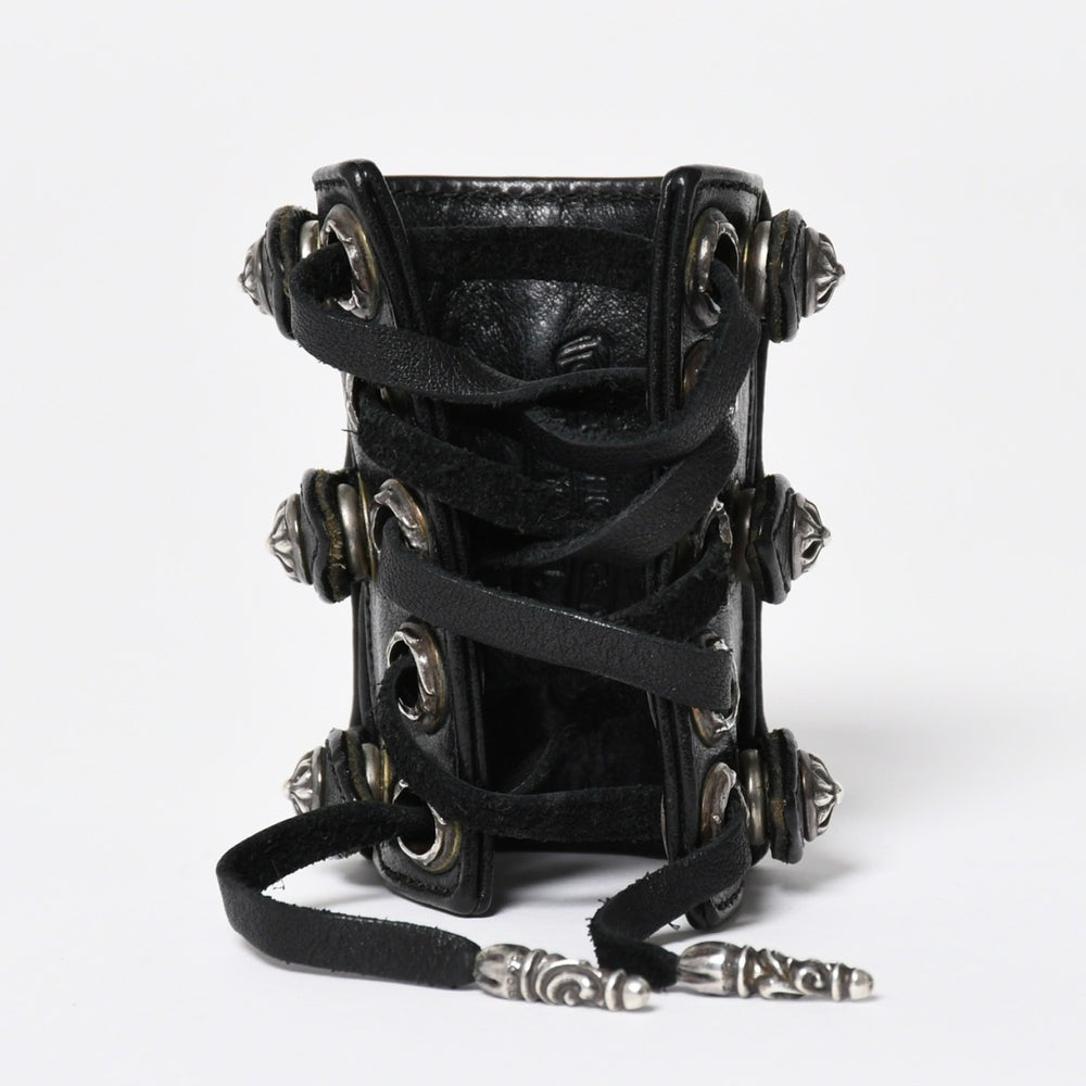 極美品 CHROME HEARTS クロムハーツ パンクブレスレット CHクロス クロスボール ブラック シルバー金具 サイズ8 中古 4a009360