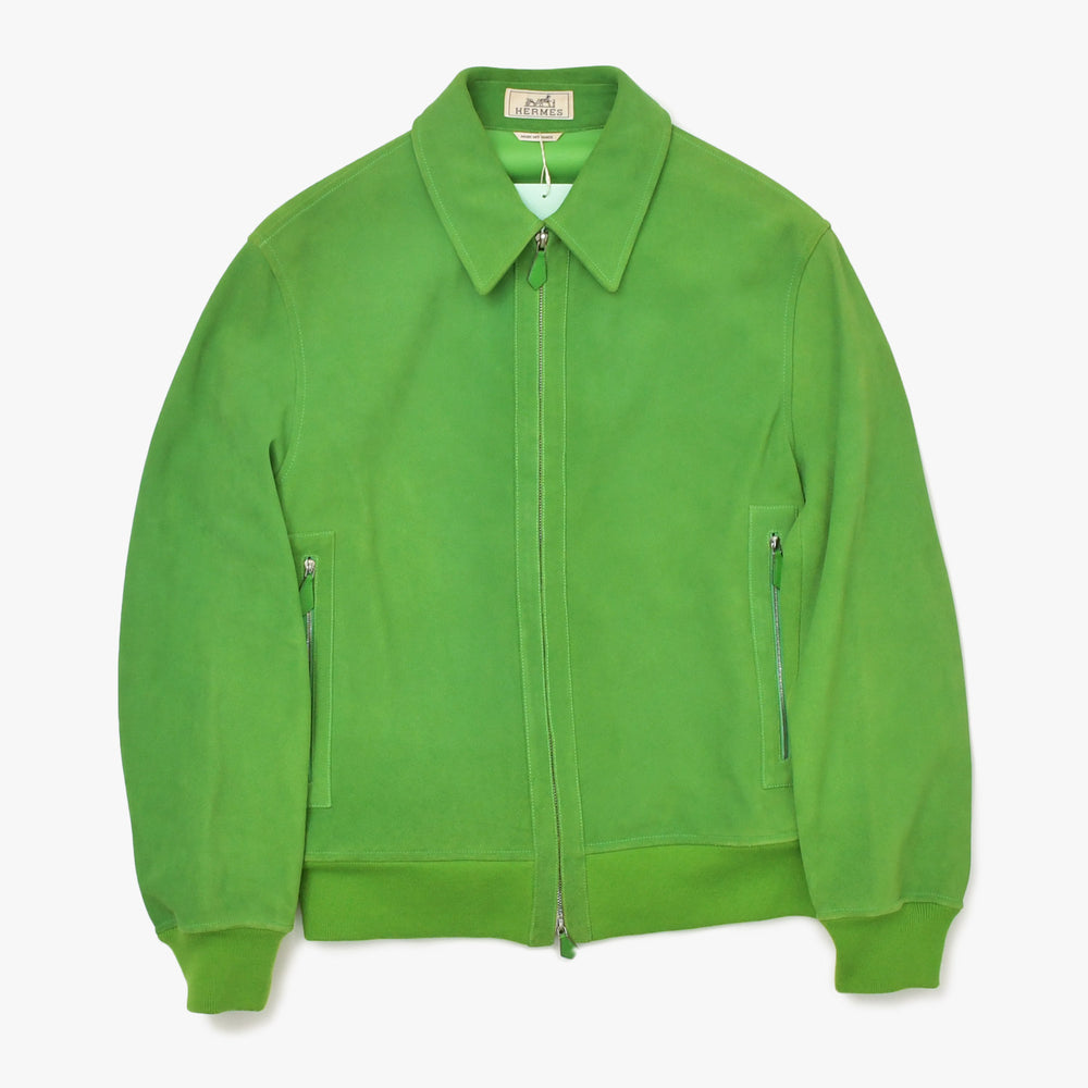極美品 HERMES エルメス Suede Zip-Up Jacket スエードジップアップジャケット コットン カシミヤ カウレザー グリーン シルバー金具 サイズ48 中古 4a009232