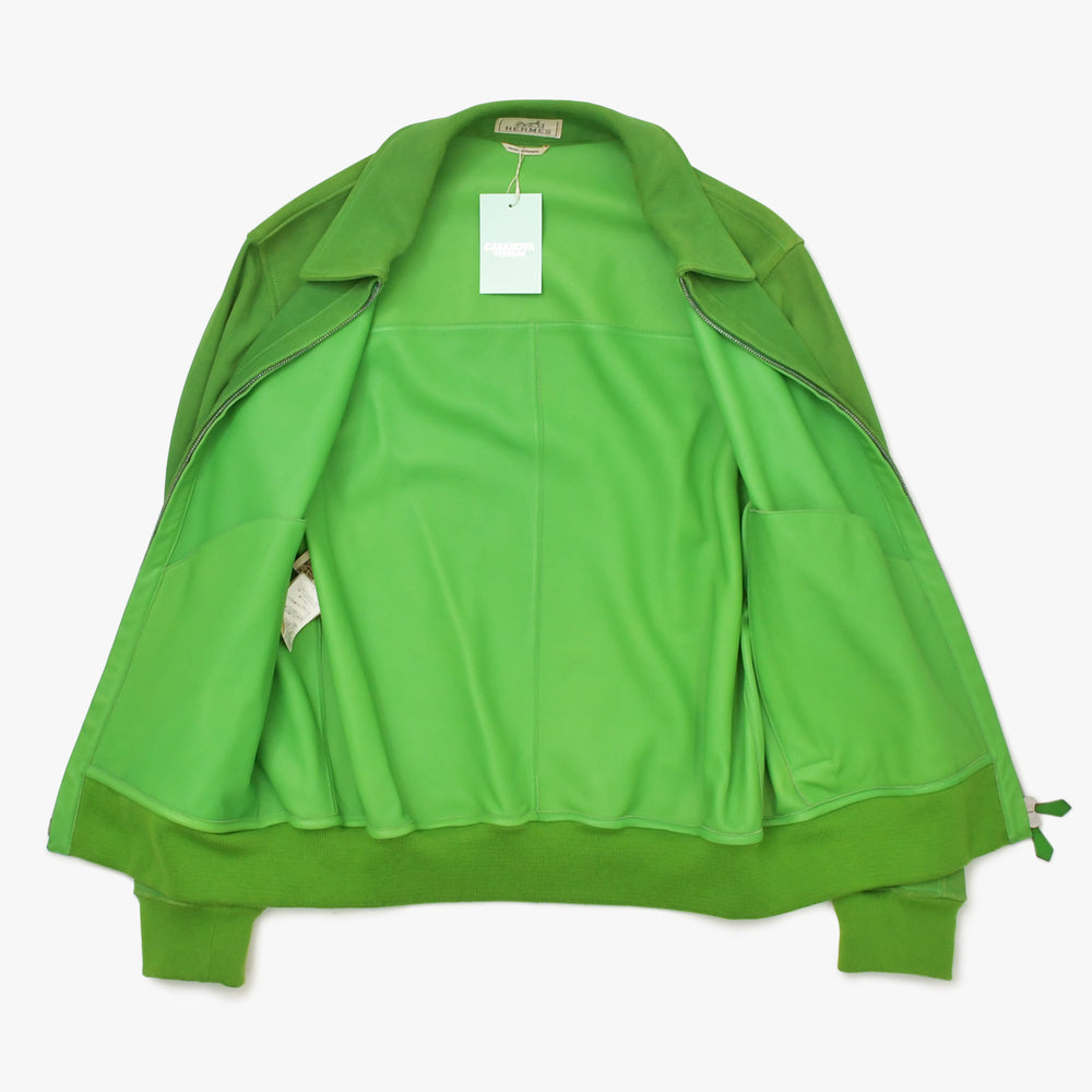 極美品 HERMES エルメス Suede Zip-Up Jacket スエードジップアップジャケット コットン カシミヤ カウレザー グリーン シルバー金具 サイズ48 中古 4a009232