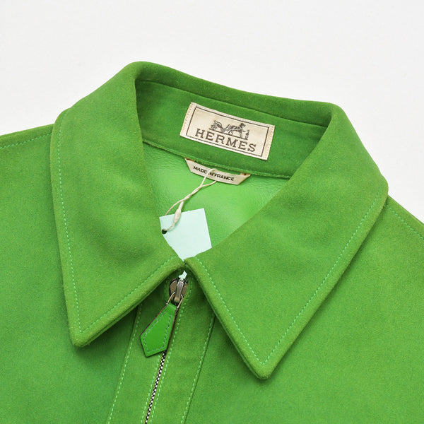 Very Good Condition HERMES Suede Zip-Up Jacket Cotton Cashmere Cow Leather Green Silver Hardware Size 48 Used 4a009232