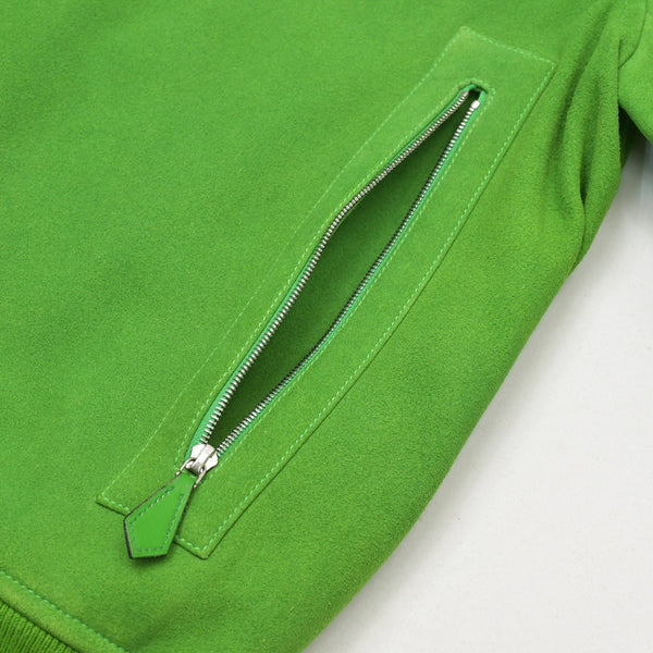 Very Good Condition HERMES Suede Zip-Up Jacket Cotton Cashmere Cow Leather Green Silver Hardware Size 48 Used 4a009232