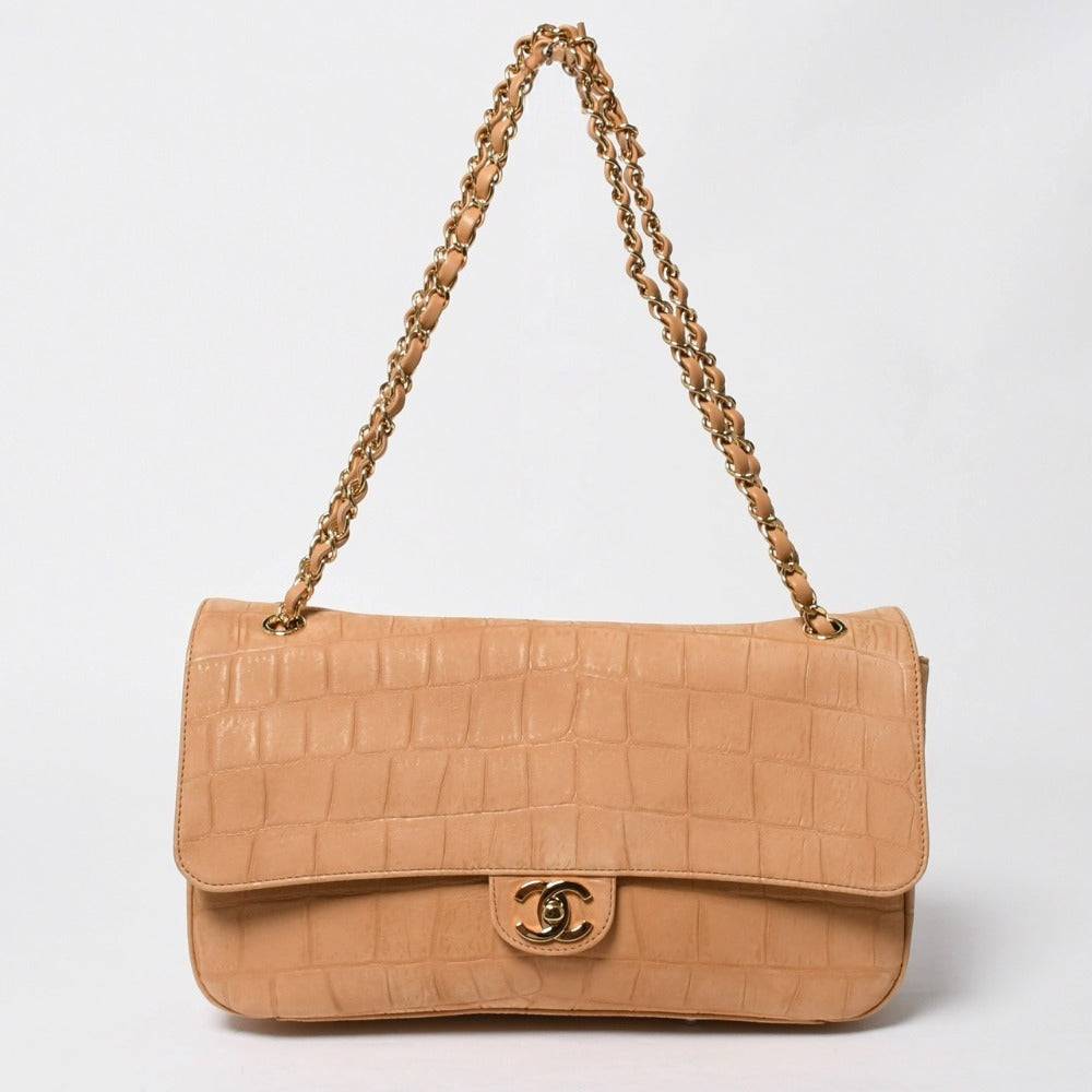 新品未使用品 CHANEL シャネル マキシ Wチェーンショルダーバッグ AS6627 ランダム番台 ココマーク カーフスキン キャメル ブラウン 中古 4a009225