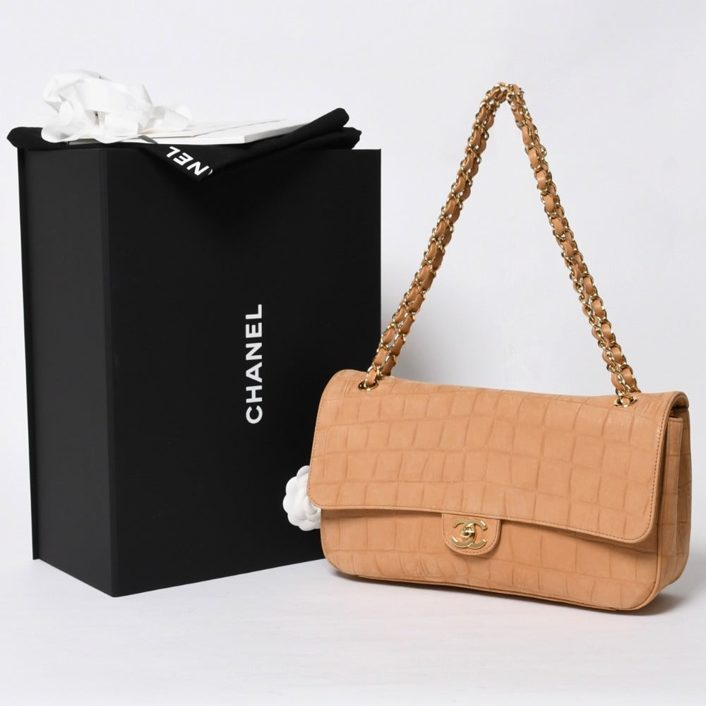 新品未使用品 CHANEL シャネル マキシ Wチェーンショルダーバッグ AS6627 ランダム番台 ココマーク カーフスキン キャメル ブラウン 中古 4a009225