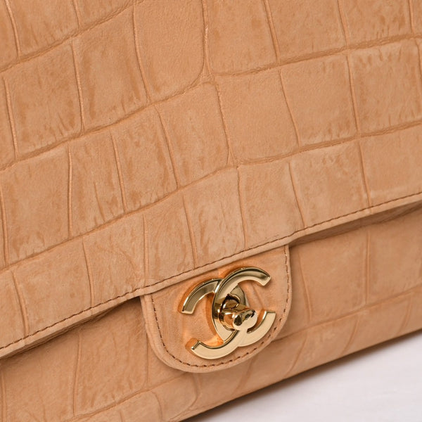 新品未使用品 CHANEL シャネル マキシ Wチェーンショルダーバッグ AS6627 ランダム番台 ココマーク カーフスキン キャメル ブラウン 中古 4a009225