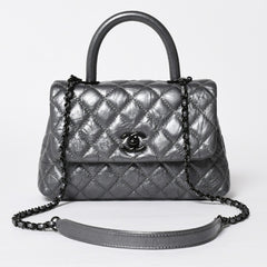 極美品 CHANEL シャネル トップハンドル フラップ XS 2WAYバッグ A92990 29番台 ココマーク エイジドカーフ シルバー 中古 4a009147